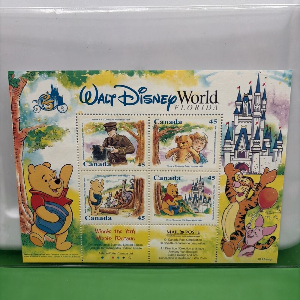 Walt Disney World Winnie Pooh Mail Poste Canada 45 Stamp w COA